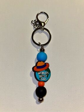 ‘World's Best Dad’ Globe w/Hat Charm Keychain in Blue, Orange & Black